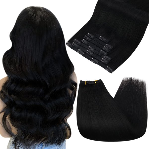 Ugeat Clip in Hair Extensions Human Hair Jet Black Hair Extensions Clip in Human Hair Extensions Natural Thick Soft Straight 14 Inch 7pcs