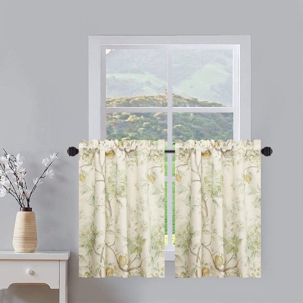 Leeva Rustic Kitchen Tier Curtains Green Floral Printed Linen Blended Half Window Curtain for Dining Room Rod Pocket Cafe Window Treatment Small Drapes, 2 Panels Set, 30 x 24 Inch