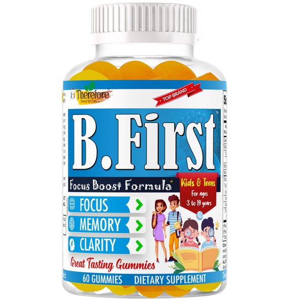 B.First Brain Supplements for Memory and Focus, Brain Booster for Kids, Teens & Children, Omega 3 Fatty Acids Enhance Attention, Clarity, Concentration, Tasty Easy-to-Swallow 60 Chewable Gummies