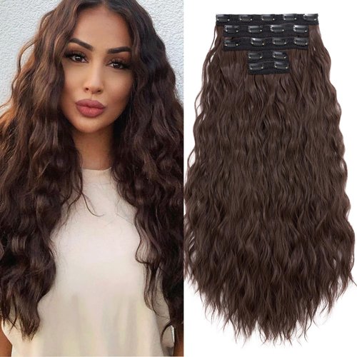 S-noilite 24" Clip in Hair Extensions 5PCS Loose Waves Wavy Hair Extensions Synthetic Thick Natural Hairpieces Double Weft Brown Hair Extensions Clip Ins for Women Full Head Long Hair Pieces,#04