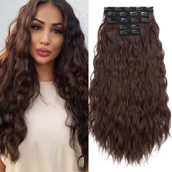 S-noilite 24" Clip in Hair Extensions 5PCS Loose Waves Wavy Hair Extensions Synthetic Thick Natural Hairpieces Double Weft Brown Hair Extensions Clip Ins for Women Full Head Long Hair Pieces,#04