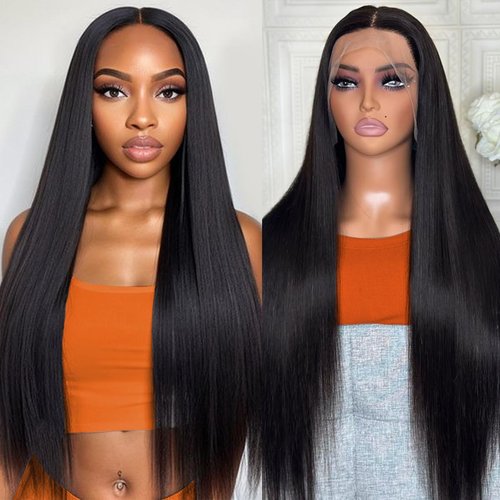 NREDCA 28 Inch 13x4 Straight Lace Front Wigs Human Hair 180% Density Pre Plucked Pre Cut Transparent Frontal Human Hair Wigs for Black Women with Baby Hair Natural Black