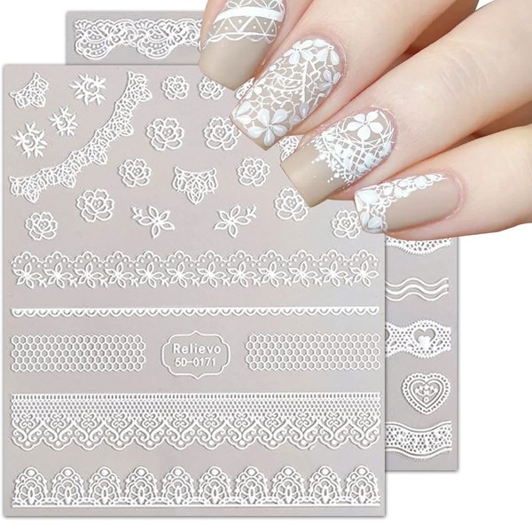 Lace Nail Art Stickers 5D Embossed White Flower Nail Sticker Decal Nail Art Decoration Flower Lace Wedding Nail Design for Women Girls 3D Self -adhesive Wedding Nail Art Supplies DIY Manicure Decor