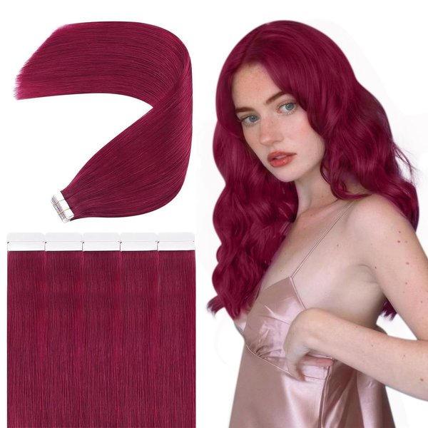 JoYoung Tape in Hair Extensions Human Hair Magenta Tape Hair Extensions Human Hair Burgundy Tape in Real Hair Extensions Human Hair for Party Hair Extension Colorful Tape in 20In Tape Hair 25G 10Pcs