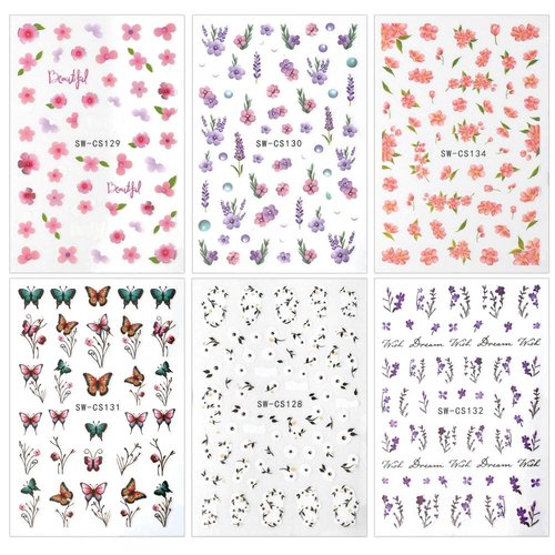 6Sheet Pink Purple Flower Nail Stickers for Nail Art,Cherry Blossom Petal Nail Art Stickers Spring Summer Butterfly Floral Nail Decals for Nail Art Daisy Leaf Nail Sticker Nail Decor Nail Accessories