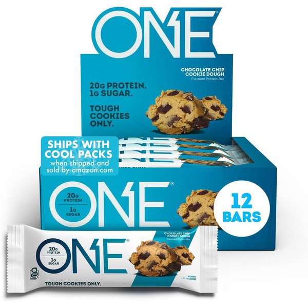ONE Protein Bars, Chocolate Chip Cookie Dough, Gluten Free Protein Bars with 20g Protein and 1g Sugar, Pantry Staples, 2.12 oz (12 Pack)