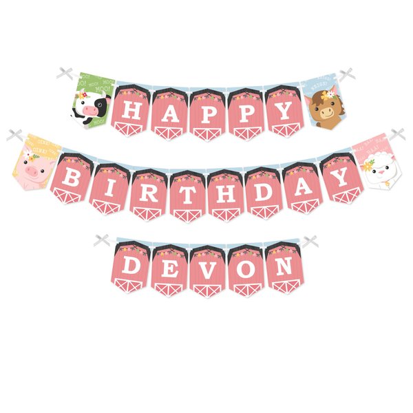 Big Dot of Happiness Personalized Girl Farm Animals - Custom Pink Barnyard Birthday Party Bunting Banner and Decorations - Happy Birthday Custom Name Banner