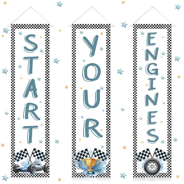 3pcs Race Car Birthday Party Decorations Racing Fans Banners Blue Racing Car Flag Banner Race Car Banner Fast One Two Fast Birthday Party Decorations for Boys Girls Blue Racing Party Supplies