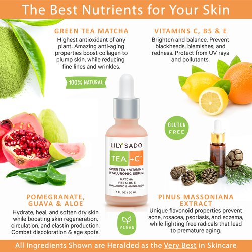 LILY SADO TEA+C Green Tea + Vitamin C Super Serum by - Natural Vegan Serum - Best Antioxidant, Anti-Wrinkle Moisturizing Formula - Softens, Hydrates, Firms & Tones for Luscious, Radiant Skin