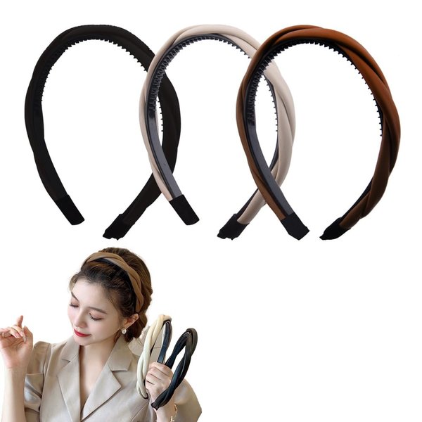 Braided Leather Headbands for Women Girls Twist Thin Headbands Hair Bands for Women Girls White Brown Black Headband Head Band for Women Non Slip Headbands for Women Headbands Head Bands 3 Pcs Set