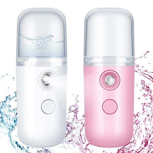 2 Pieces Nano Facial Mister 30 ml Mini Face Humidifier Portable Facial Sprayer USB Rechargeable Handy Skin Care Machine for Face Hydrating, Daily Makeup (Pink and White)