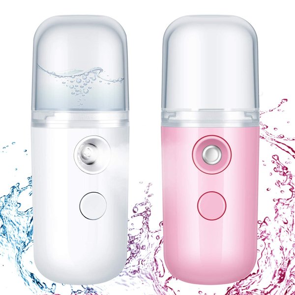 2 Pieces Nano Facial Mister 30 ml Mini Face Humidifier Portable Facial Sprayer USB Rechargeable Handy Skin Care Machine for Face Hydrating, Daily Makeup (Pink and White)