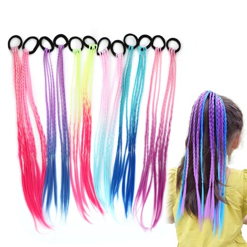 18 Inch Girls Rubber Bands Hair Extensions for Kids, Crazy Hair Day Accessories Colorful Wigs Colored Braids for for Girls Kids Women, Hair with Rubber Bands Rainbow Braided Synthetic Hairpieces Ponytail for 12pcs (Gradual Change)