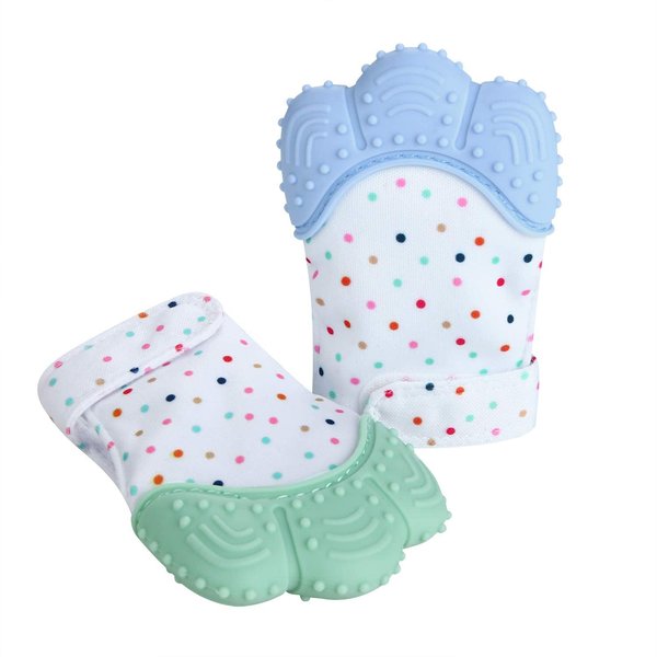PandaEar Soothing Teething Mitten 2 Pack, Pain Relief, Protection Glove, Stimulating Teether, 0-12 Months (Blue Green)