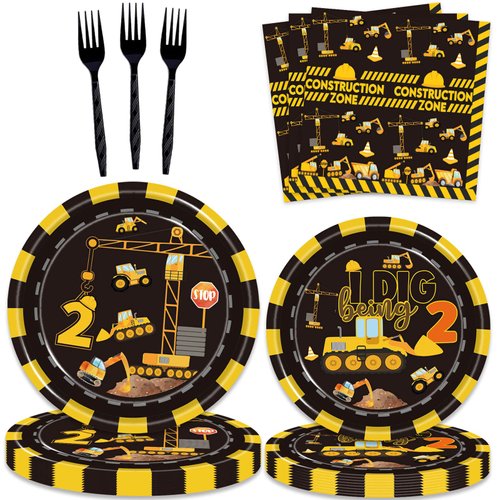 92 Pcs Construction 2nd Birthday Party Supplies Dump Truck Theme Two Tableware Includes Hanging Swirl, Balloons, Plates, Table Cloth for Boys Construction Two Years Old Bday Party Decorations Favors