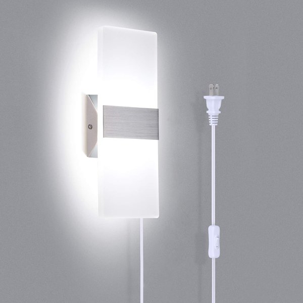TRLIFE Wall Sconce Plug in, Modern Wall Sconce 12W Wall Mounted Light 6000K Cool White Acrylic LED Wall Lights with 6FT Plug in Cord and On/Off Switch on The Cord(1 Pack, Silver)