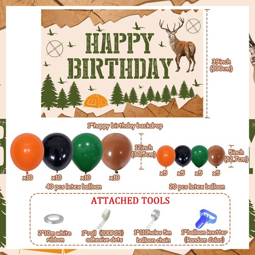 66Pcs Deer Hunting Theme Birthday Party Decorations Set, Hunting Party Supplies with Happy Birthfday Backdrop, Balloons Arch Kit, Deer Hunting Photography Background Party Decors for Kids Adults