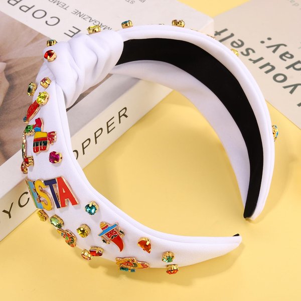 Mexican Headband for Women Cinco De Mayo Headband Beaded Fiesta Knotted Headband Embellished Rhinestone Crystal Wide Top Knot Headband Mexican Holiday Hair Accessory Party Favors Gifts (Fiesta 1)