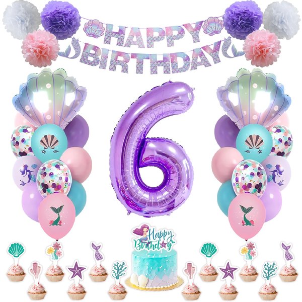 SKRCUI Mermaid Birthday Decorations Little Mermaid Party Decorations Mermaid Party Supplies Set with Mermaid Shell,Banner,Cake Topper,Pom Poms Flowers,Latex Balloons and Number 6 Balloon for Girls