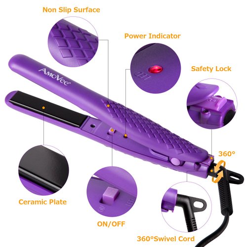 AmoVee Mini Flat Iron Smart Ceramic Tourmaline Hair Straightener Negative Ionic Technology with Heat Resistant Glove for Travel, 1/2 Inch, 110V - 240V, Purple