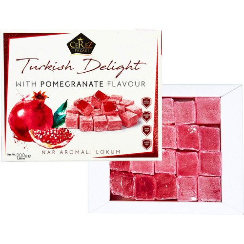 Cerez Pazari Turkish Delight with Pomegranate Flavour 200 gr Gourmet Small Size Snacks Gift Box No Nuts Sweet Luxury Traditional Confectionery Vegan Candy Dessert Glucose Free Lokum Approx.18 Pcs