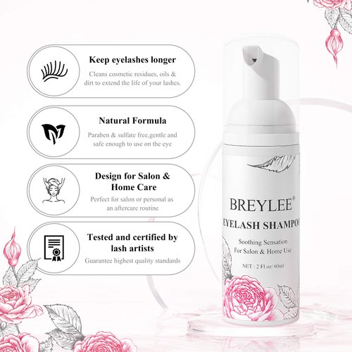 BREYLEE Shampoo for Lash Extensions, 60ml+Rinse Bottle+Brushes, Eyelash Extension Cleanser, Lash Wash Bath, Lash Cleaner for Makeup Cleansing Foams, Paraben & Sulfate Free for Salon and Home Use