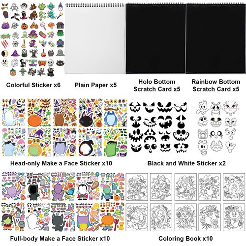 JOYIN 20 Pcs Make-a-face Sticker Sheets Make Your Own Halloween Characters Mix and Match Sticker Sheets, Bonus with Coloring Sheets, 10 Scratch Cards, 8 Sticker Sheets, Halloween Party Favor Supplies