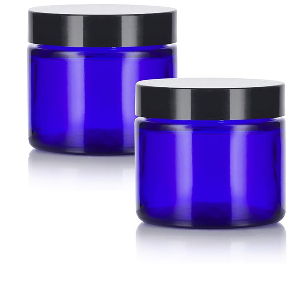 Cobalt Blue Glass Straight Sided Jar With Black Smooth Lids - 2 oz / 60 ml Airtight, Smell Proof, BPA Free (2 pack)