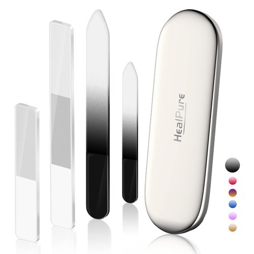 Glass Nail File and Nail Shiner, 4PC Crystal Nail File and Nano Glass Nail Buffer, Premium Set with Case, Professional Manicure Tool Fingernail Czech File for Natural Nail, Gift for Women and Girls