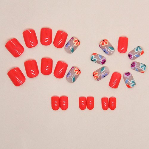 Square Press on Nails Short Fake Nails with Colorful Flower Designs Orange Red Nails Press ons Glossy Glue on Nails Acrylic False Nails Full Cover Stick on Nails for Women 24Pcs