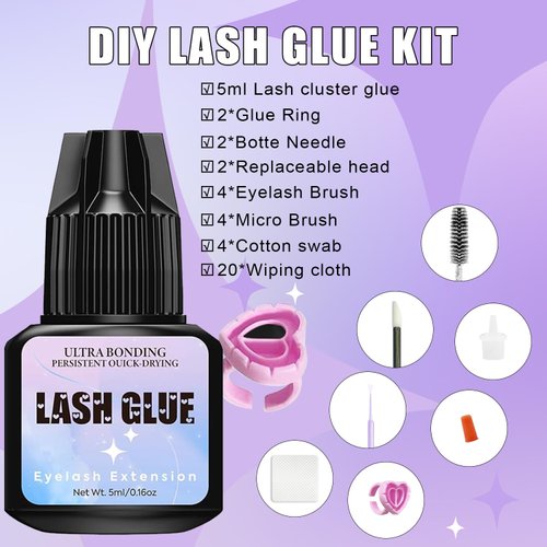 Sensitive Lash Extension Glue Kit－Strong Hold Cluster Lash Glue | 3-4 Weeks Long Lasting | Waterproof & No Irritation | 2-3 Sec Drying time | Black Eyelash Glue for Beginner DIY or Professional (5ml)