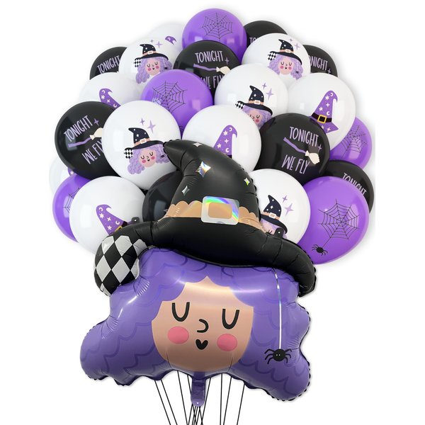 HOUSE OF PARTY Halloween Witch Foil Balloon - 50PCS Black White Purple Witch, Hat, Spider Web Latex Balloons for Kids Birthday Party Decorations, School Classroom Games, Kids' HandOut