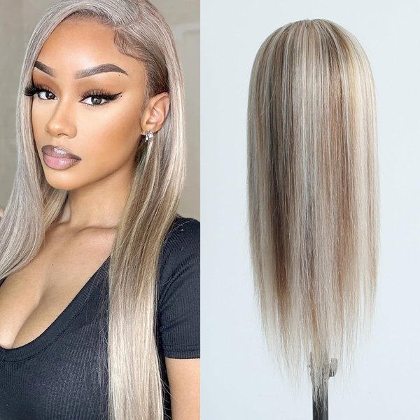 Aprilhair Pre-plucked Ombre #8/60 Light Brown Platinum Blonde Highlight Lace Front Wigs Straight Glueless 150% Density Brazilian Virgin Human Hair (16 INCH, 8/60 Lace Front Wig) 1.0 Count