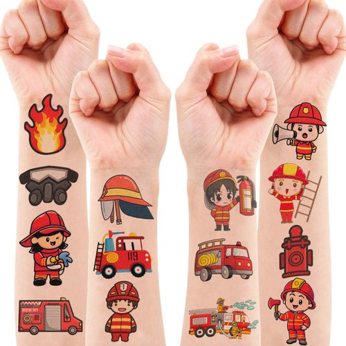 96 PCS Firefighter Day Temporary Tattoos Sticker Car Fire Truck Themed Birthday Party Decorations Favors Supplies Gifts Boys Girls Baby Shower Adult Cute Tattoo School Prizes Reward Themed