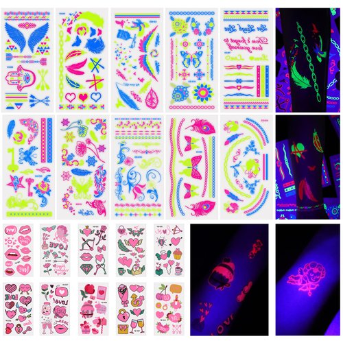 PFARRER 20 Sheet Glow in The Dark Neon Temporary Tattoos (Total 211pcs) Fluorescence UV Neon Body Face Fake Waterproof Tattoo Stickers for Women Men,Rave Festival Accessory Party Supplies ZYH2310002