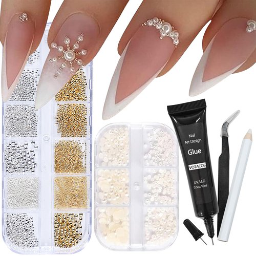 VOTACOS Nail Art Pearls with Nail Rhinestones Glue Gel Flatback Pearls Nail Charms Luxurious Nail Supplies Accessories Gold Silver Nail Gems Jewelry Pearls for Women Nail Design
