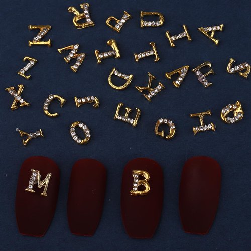 ROFIBUT Gold Letters Nail Charms 3D Alloy English Alphabet Stud Nail Diamonds with Rhinestones Design Letter Capital Nail Gems for Women Girls Acrylic Nails Decoration Supplies Making Crafts 26Pcs
