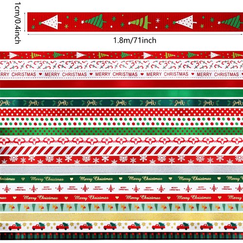 20 Rolls Christmas Grosgrain Ribbon Snowflake Christmas Tree Wrapping Ribbon Soft Craft Ribbon Christmas Polyester Satin Ribbon Hair Bow Clip Accessory for Christmas DIY Craft Decor, 2 Yard Each Roll