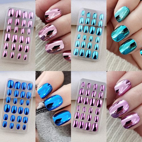 120 Pieces Fake Nails for Girls Metallic Mirror Chrome Kid Nails Press on Pre-glue Children Artificial False Nails Short Oval Full Cover Acrylic Stick on Nail Tips Kit for Little Girl Toys