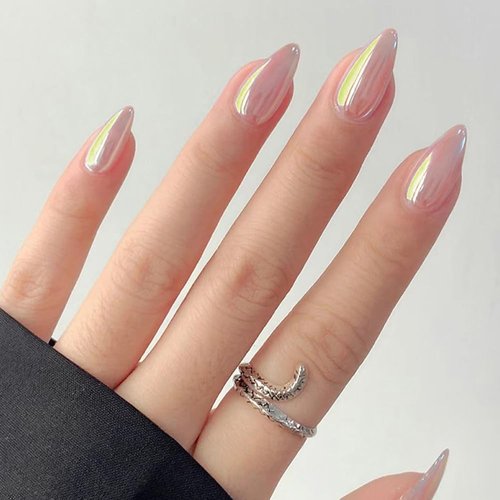 Almond Press on Nails Short Round Fake Nails Glossy False Nails with Electroplated Aurora Press ons Designs Acrylic Nails Press on Artificial Nails Stick on Nails For Women Girls 24Pcs