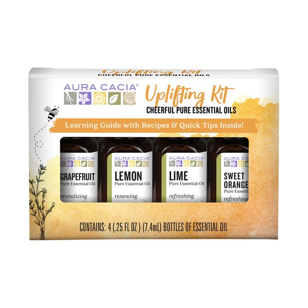 Aura Cacia Cheerful Pure Essential Oils Uplifting Kit, 0.25 fl oz 4-Pack, Grapefruit, Lemon, Lime, Sweet Orange Aromatic Oils