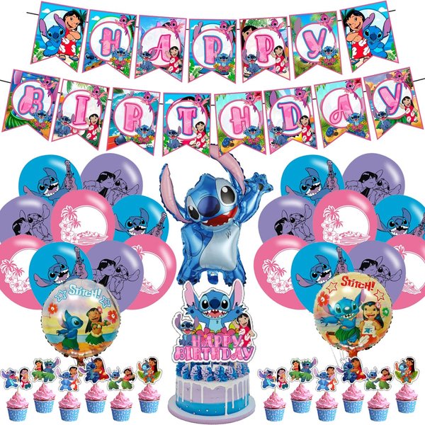 Summer Stitch Birthday Party Decorations, Stitch Hawaiian Theme Party Supplies set with Banner, Cake Cupcake Toppers, Foil Balloons for Fans Adults Birthday Baby Shower Decorations