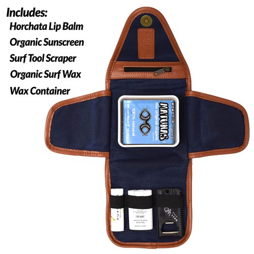 Surfer Gift, Surf Kit | Wax Holder Container with Surf Wax, Organic Reef Safe Sunscreen Face Stick, Horchata Lip Balm, Wax Scraper with Fin Key | Surf Accessory (Blue, Sticky Bumps - Base)