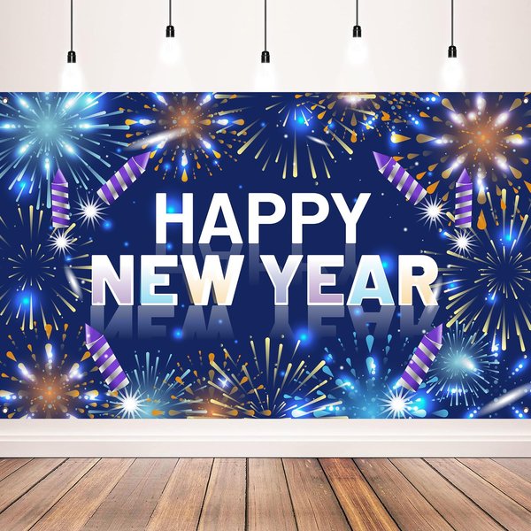 Blue Happy New Year Banner Firework New Years Backdrop for New Years Eve Decorations, 71x43 inch