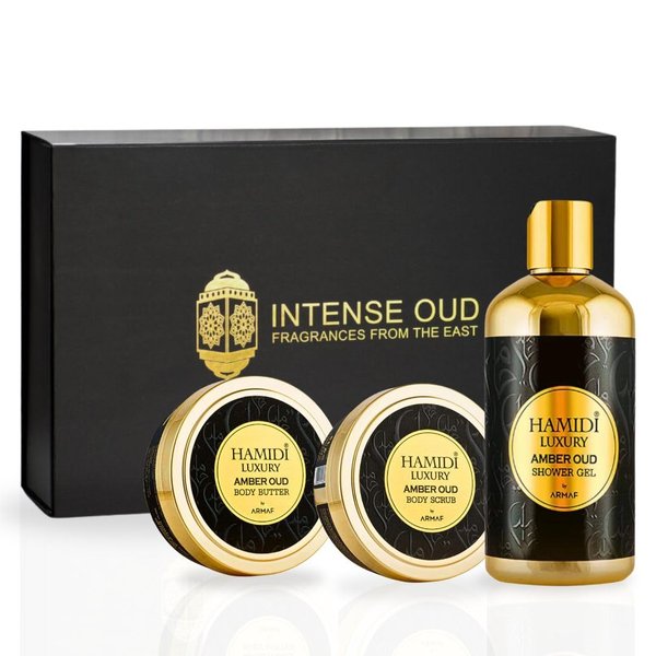 Hamidi 3PCS LUXURY AMBER OUD - Bath & Body Gift Set Magnetic Box Ultra Moisturizing, Skin-Nourishing, Naturally Derived Ingredients. (Pack Of 3)