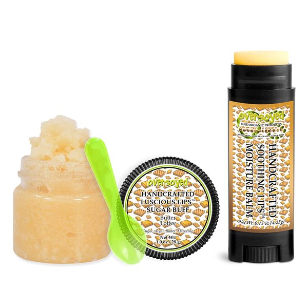 Butter Toffee Soothing & Luscious Lips by OverSoyed Exfoliator & Chapped Lip Repair Lip Care Combo | Artisan Handcrafted to Order Sweet Buttery Toffee Burnt Sugar Creamy Caramel Flavored Exfoliating Sugar Lip Scrub & Lip Moisturizer Balm Gift Set