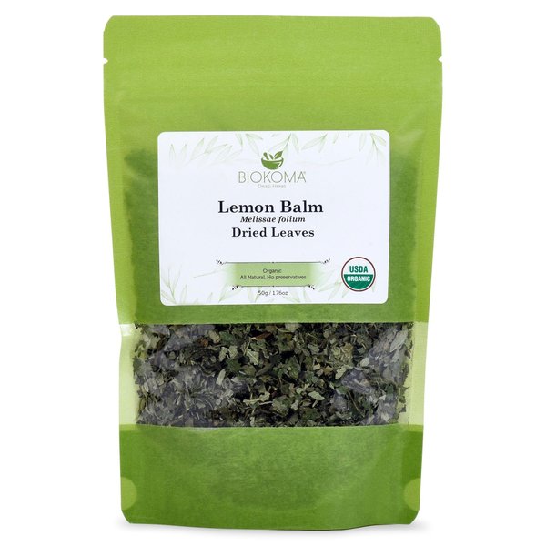 Biokoma Pure and Organic Lemon Balm (Melissae folium) Dried Leaves 50g (1.76oz) In Resealable Moisture Proof Pouch, USDA Certified Organic - Herbal Tea, No Additives, No Preservatives, No GMO, Kosher