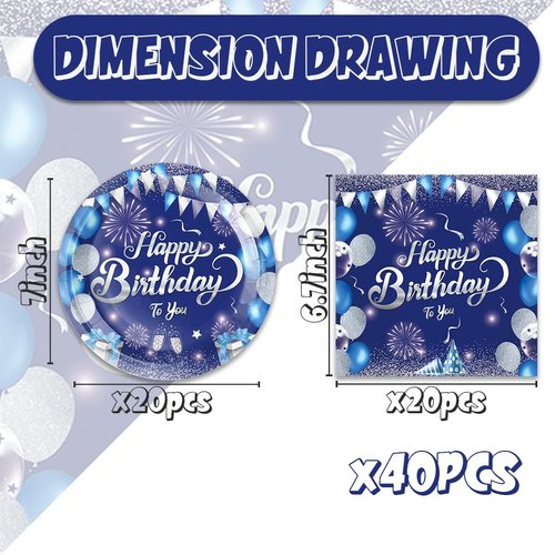 40Pcs Blue Birthday Party Supplies For 20 Guests - Disposable Tableware Blue And Silver Birthday Plates And Napkins Happy Birthday Party Decorations