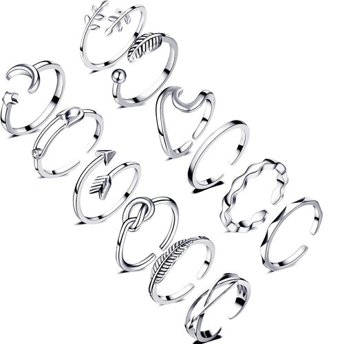 Honsny 12PCS Adjustable Knuckle Rings for Women, 14K Simple Gold Stacking Rings Pack, Open Knot Wave Star Moon Dainty Thumb Ring, Cute Silver Rings Set for Teen Girls