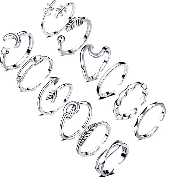 Honsny 12PCS Adjustable Knuckle Rings for Women, 14K Simple Gold Stacking Rings Pack, Open Knot Wave Star Moon Dainty Thumb Ring, Cute Silver Rings Set for Teen Girls
